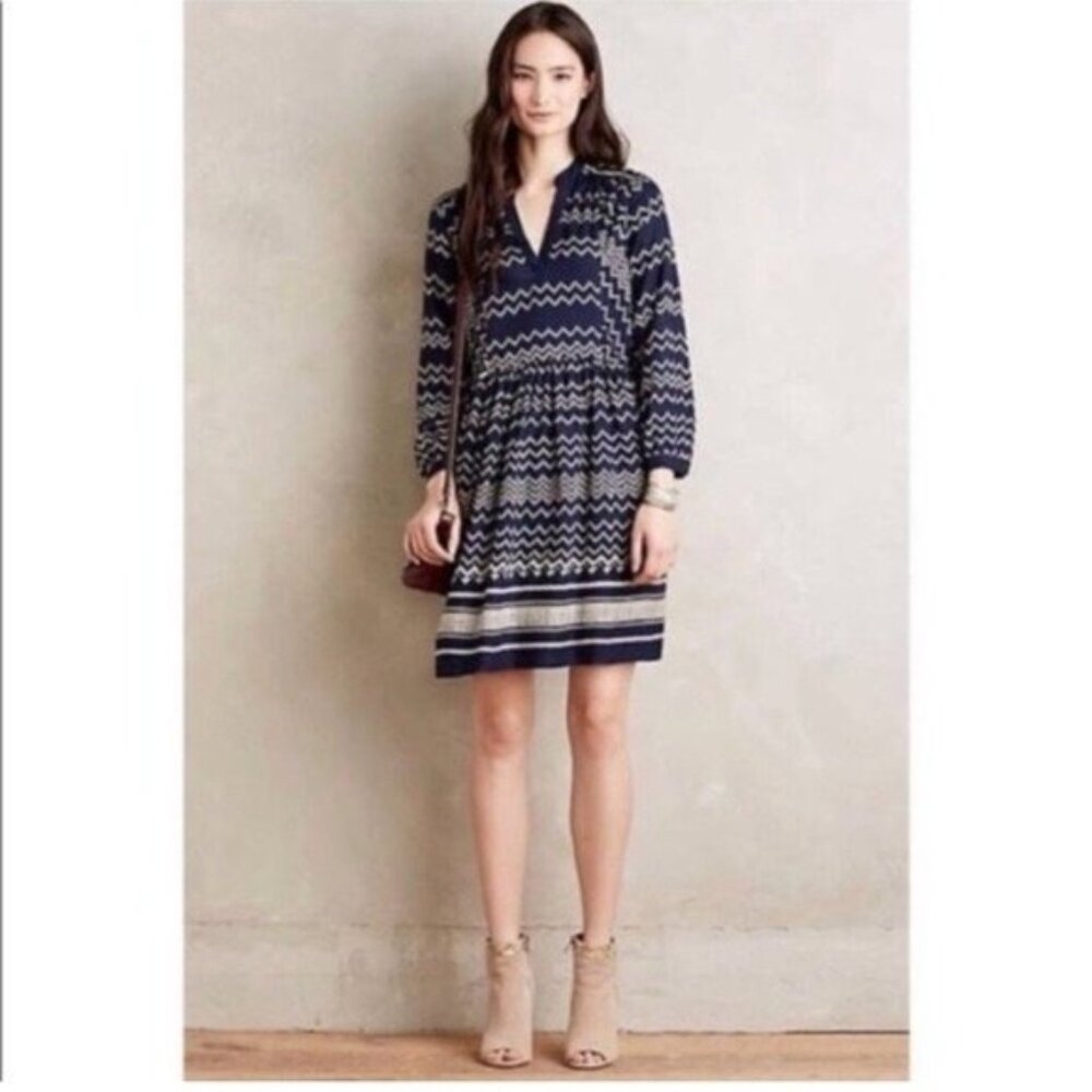 Anthropologie Holding Horses Blue Chevron Shirt Dress Long Sleeve